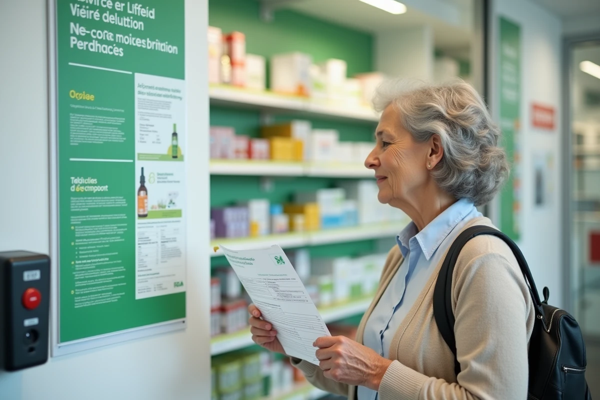 Femme âgée consultant le panneau tarifaire d'une téléconsultation dans une pharmacie française