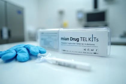 Kit de test salivaire de dépistage de drogues sur une surface de laboratoire clinique avec gants en nitrile bleus