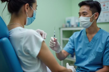 Infirmière administrant un vaccin dans le bras d'un patient adulte dans une salle de vaccination clinique