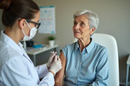 Une femme âgée reçoit un vaccin contre la diphtérie, le tétanos et le papillome humain dans un cabinet médical