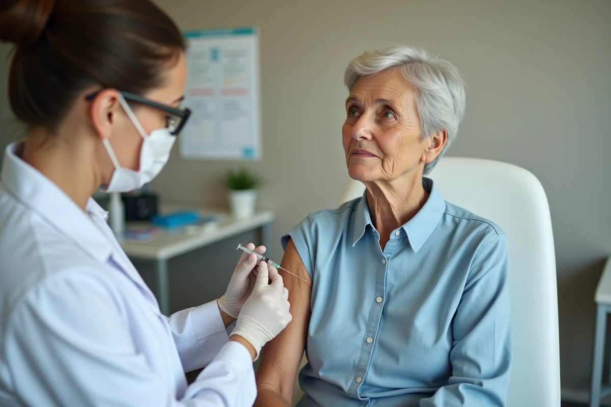 Une femme âgée reçoit un vaccin contre la diphtérie, le tétanos et le papillome humain dans un cabinet médical
