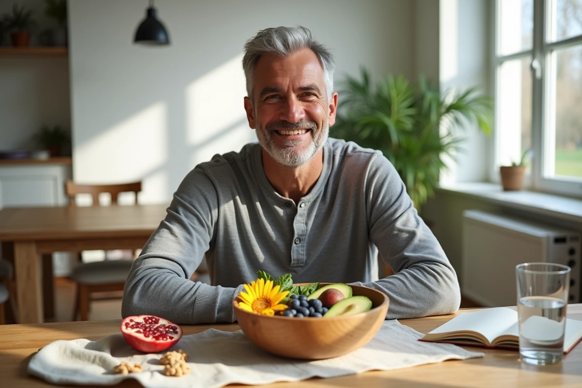 Homme assis devant un bol d'aliments complets riches en vitamines naturelles sur une table en bois