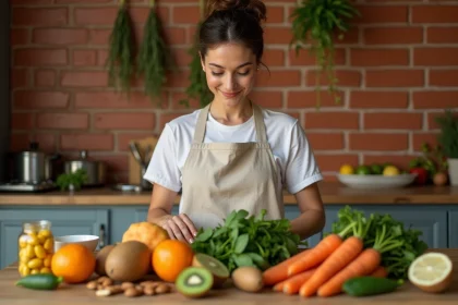 Femme arrangeant des fruits et légumes riches en vitamines naturelles sur un comptoir en bois rustique