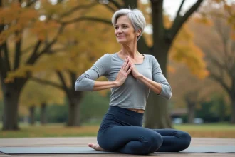 Femme âgée pratiquant le yoga en équilibre sur une terrasse en bois entourée de nature automnale